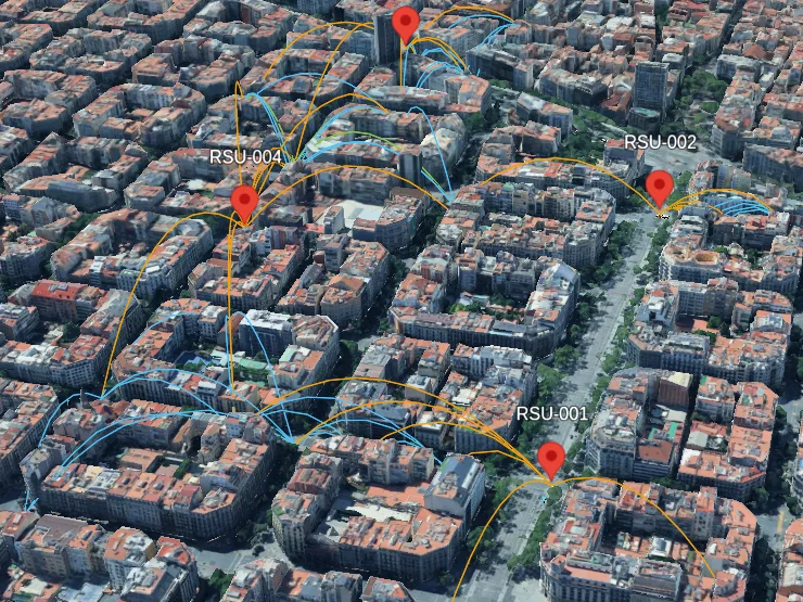 Mirall live V2X digital twin of Barcelona: roadside units and CAM, CPM and V2I message arcs travelling between vehicles over a photorealistic 3D map.